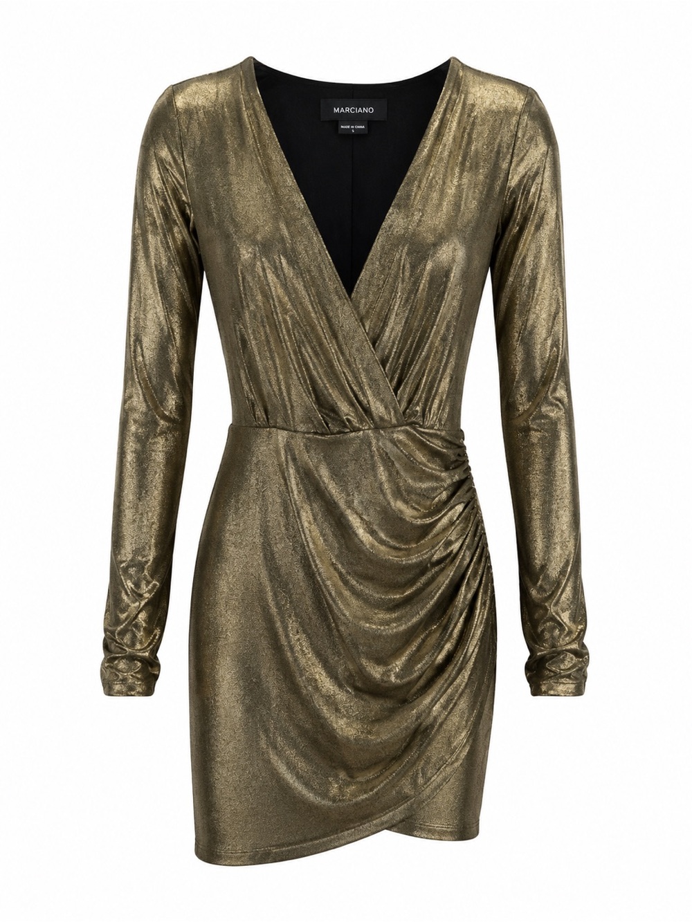 Marciano Metallic Gold Wrap Mini Dress with Ruched Side